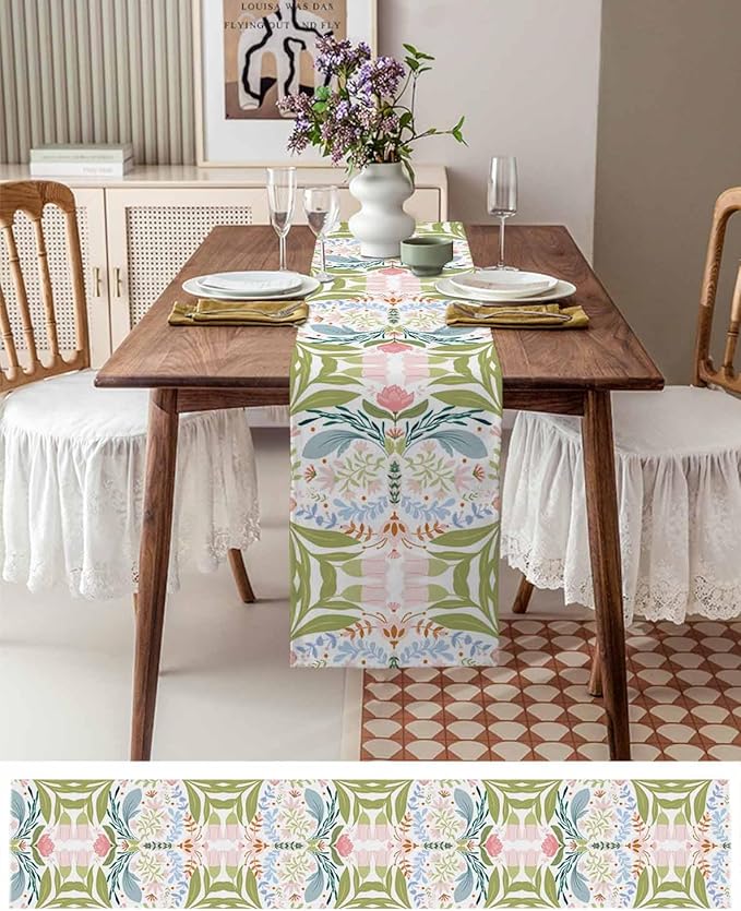 Green Blue Pink Boho Floral Cotton Linen Table Runner for Dining Kitchen, Wedding Outdoor Party Tablerunners Decoration, Retro Bohemian Botanical Dresser Scarf Coffee Tablecloth Runners 13x36 Inches