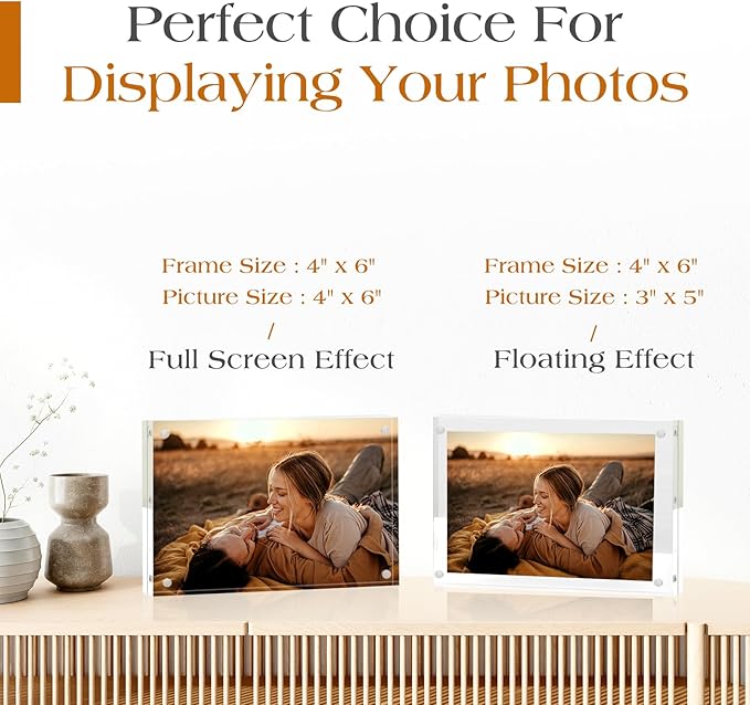 TWING 6 Pack Picture Frames Acrylic 4 x 6, Horizontal Magnet Frame Lucite Double Sided 4x6 Picture Frame, 10+10MM Thick Clear Frameless Desktop Display Self Standing Magnetic Acrylic Block Photo Frame