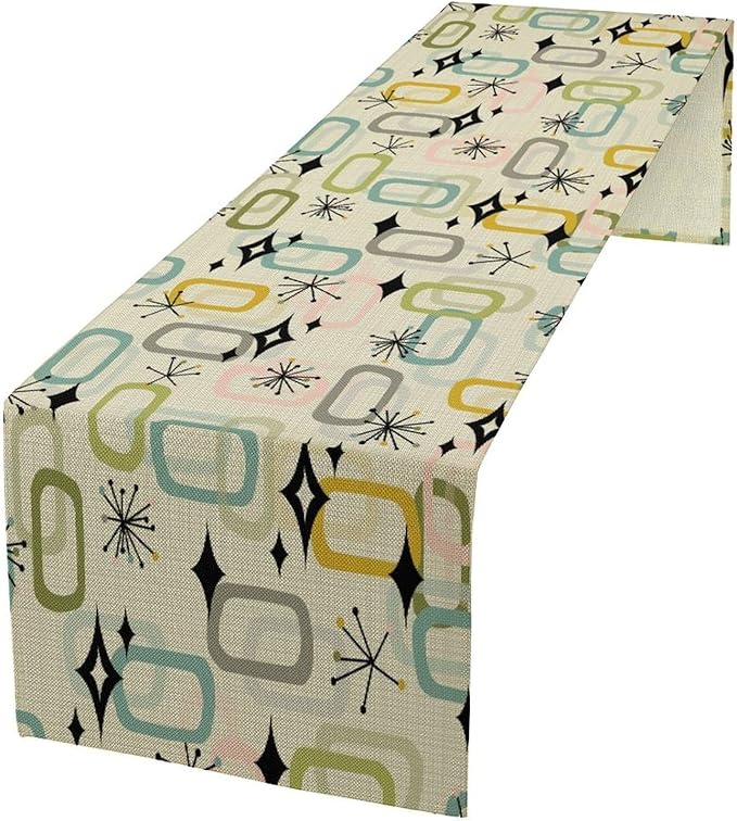 Mid Century Table Runner, Flag Retro Atomic Starburst 1950s Abstract Geometric Space Tabletop Decoration for Home Kitchen Restaurant Table Flag 13x90 Inch