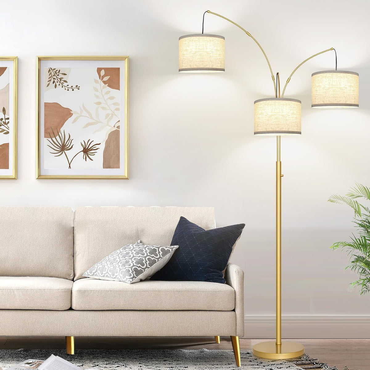 nintiue dimmable floor lamp - 3 lights gold showing dimensions