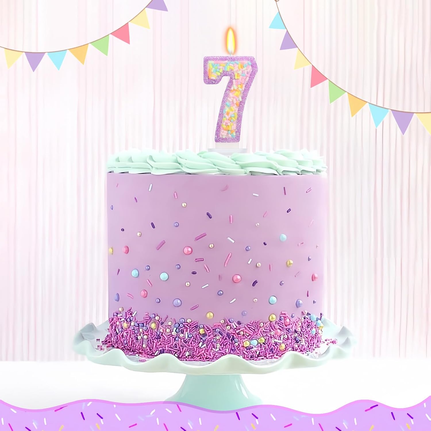 Number 7 Birthday Candle with Sprinkles, Pastel Purple Unicorn Rainbow Cake Topper, Sweet Candyland Party Decorations for Girl Boy 7th Birthday