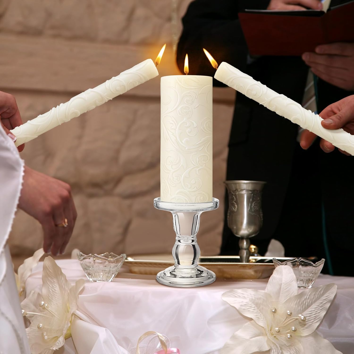 Irenare Unity Candles with Holder for Wedding Ceremony Wedding Decortions Accessories Glass Candle Holder Pillar Candle for Formal Events Church (Delicate)