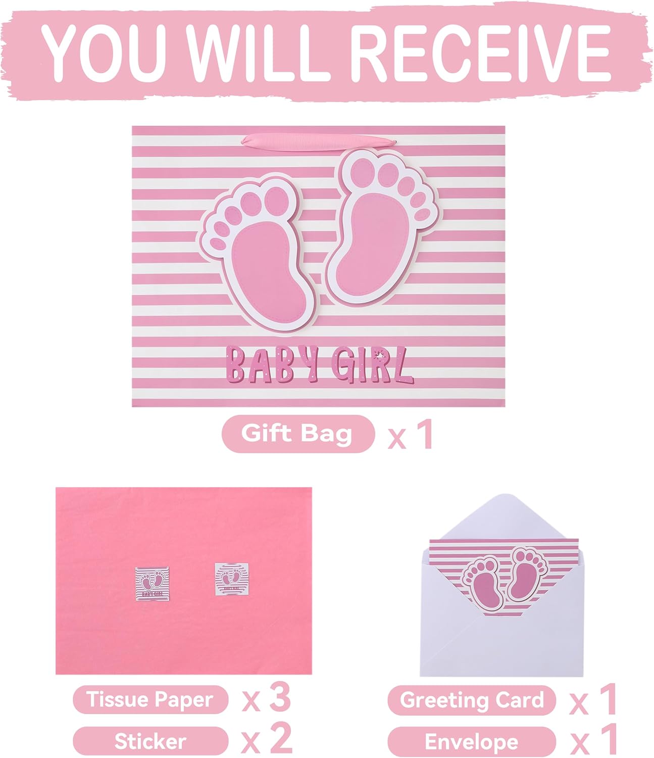 16.5'' Extra Large Baby Girl Gift Bag Set with Handles, Greeting Card, Pink Tissue Papers and Stickers for Girls Kids for Baby Shower, Girls' Birthday Party, Newborn, New Moms, Little One, 1st Baby, 3D Footprints Design, 1 Pcs