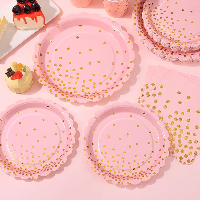 175 Pink Rose Gold Plates Napkins Party Decorations, Pink and Gold Disposable Party Supplies, Plastic Forks Knives Spoons Rose, Golden Dot Paper 9 Inch for Baby Shower Birthday, Severs 25