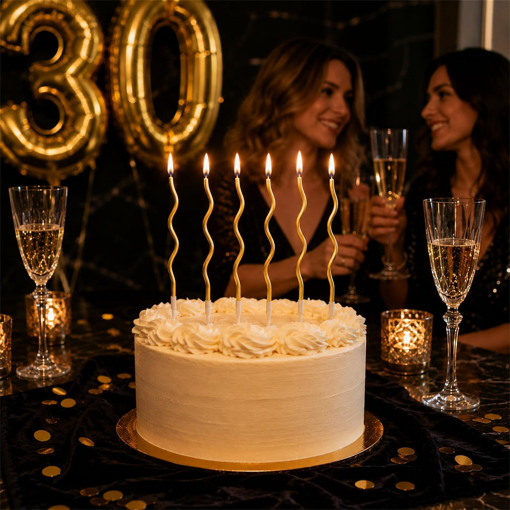 BBTO 12 Pcs Twisted Birthday Candles Spiral Metallic Cupcake Thin Long Cake Candles with Holders for Cake Topper Birthday Wedding Party Anniversary Decor(Gold)