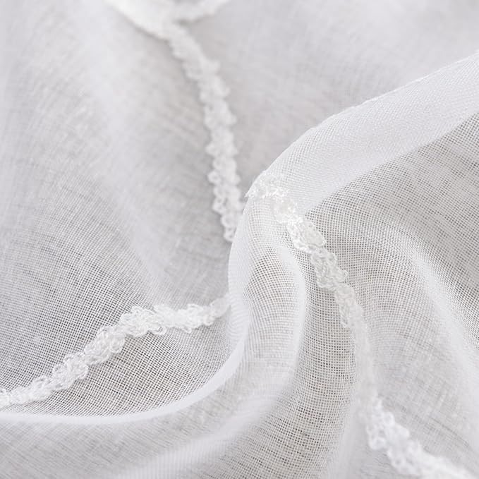 Sheer Curtains White 63 Inches Embroidered Wave Diamond, Rod Pocket Voile Drapes for Living room, Bedroom, Window Treatments Semi Crinkle Curtain Panels for Yard, Villa, Parlor, Set of 2, 52"x 63".