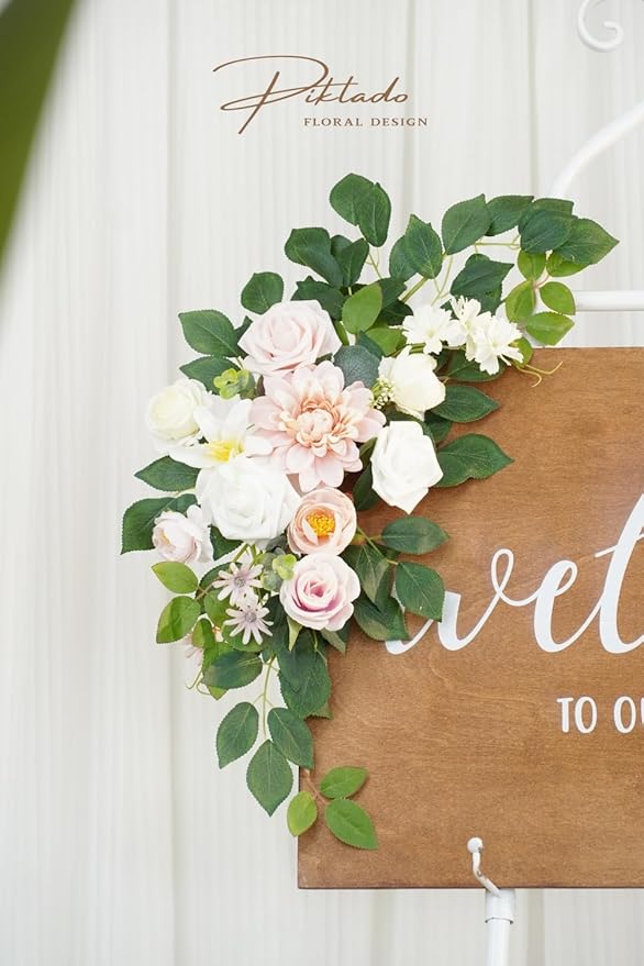 Wedding Decor (Pack of 2) Welcome Sign Flower Backdrop Garland for Ceremony Reception Wall Easel Home Decoration Entryway Faux Outdoor Board Head Table Decor (Blush)
