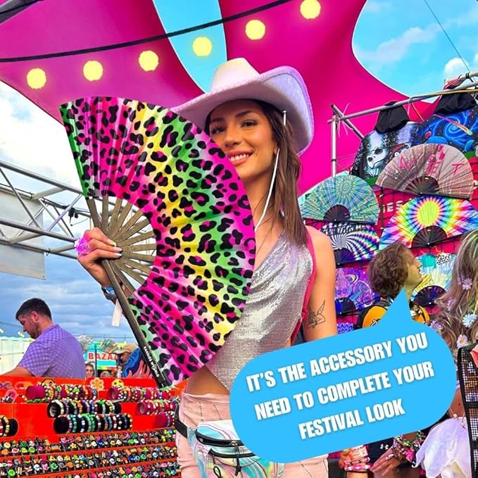 Kandies World UV Reactive Custom Festival Folding Hand Fan - Unique Designs, Made of Bamboo, Clacking Sound, Lightweight - Perfect Rave and Festival Accessory!