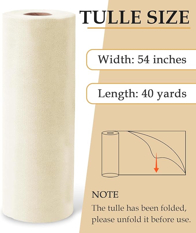 Ivory Tulle Fabric Roll, 54" x 40 Yards (120FT) Tulle for Wedding Decoration Christmas Gift Wrapping DIY Tutu Party Backdrop Baby Shower Table Skirts