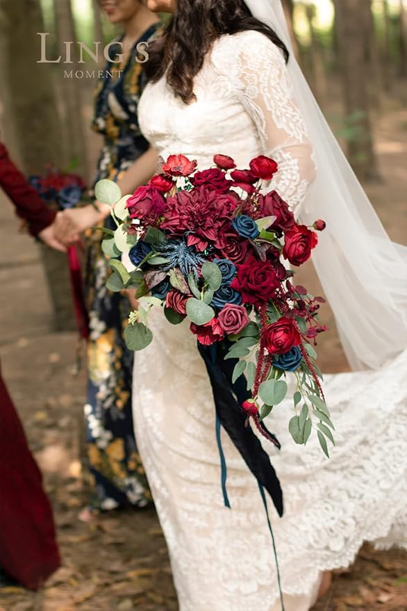 Ling's moment Navy Blue Burgandy Bridal Bouquet Cascading, Jewel Tone Wedding Bouquets for Bride, 15 Inch Bride Bouquets for Wedding Artificial Flowers Bouquets
