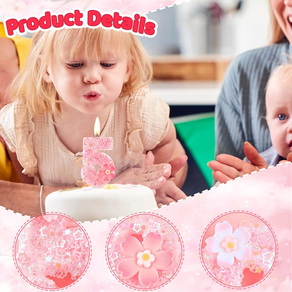Cherry Blossom Pink Number 3 Birthday Candle, 2.8in Cute Shiny 3 Happy Birthday Candle with Tray & Stick Girls 3 Candle for 3rd Birthday Ideal Birthday Parties Cake Decoration & Gifts