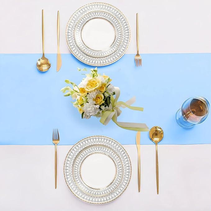 SHEJIZE 10 Pack Light Blue Satin Table Runner 12x108 Inches Long, Bright Silky Smooth Satin Table Runner Table Decor for Wedding Banquet Christmas Prom Event Birthday Party