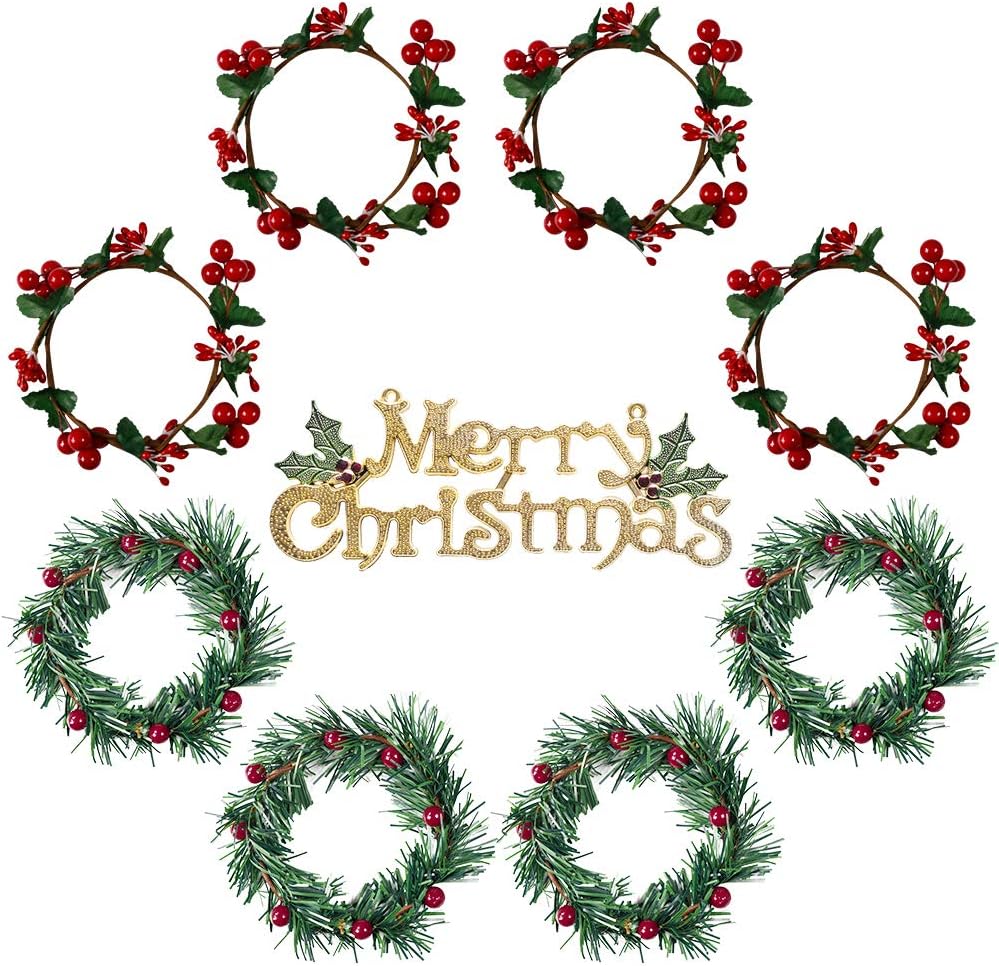 YBB 8Pcs Christmas Candle Rings, Small Artificial Red Berry Wreath Candle Holder Rings, Fits 3 Inch Pillars Candle Tapers for Rustic Wedding Centerpiece Christmas Table Decoration