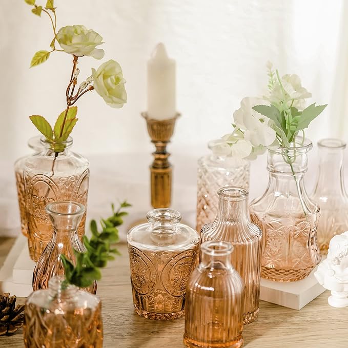 Arme Glass Bud Vase Set,30Pcs Small Glass Vase for Flowers, Clear Bud Vase in Bulk，Mini Single Vintage Vase for Centerpiece，Vases Bulk for Rustic Wedding Decor，Home Table Flower Décor(Amber)
