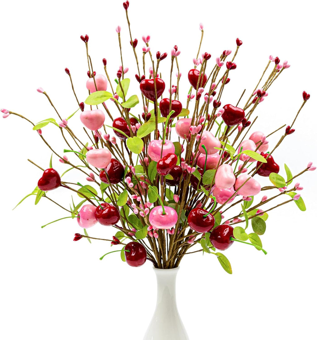 Yawwind 12 PCs Valentine Table Centerpieces 17 Inches Valentines Picks Valentines Day Floral Stems Romantic Heart Flower Picks with Cherry for Gift Vase Table Centerpiece Wedding Indoor Decor