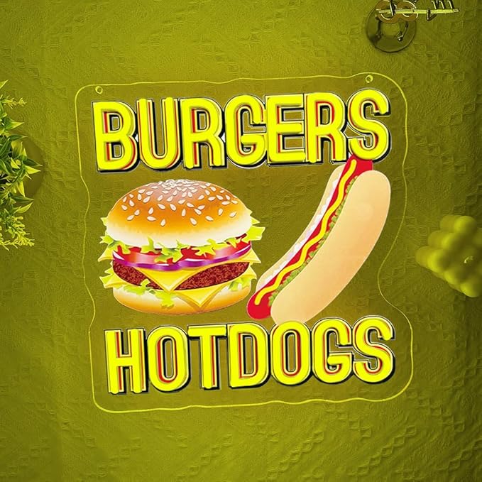 Hot Dogs Burgers Neon Signs for Wall Decor,Hot Dogs Led Neon Sign Party Decorations,Dimmable Hamburger Led Lights Sign for Business Food Restaurant Bar Birthday Party Decor,Hot Dog Shop Decor