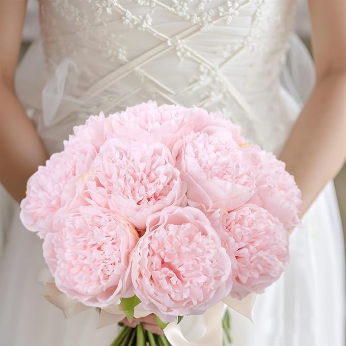 U'Artlines 20 Heads Artificial Peony Silk Flower Leaf Home Office Wedding Party Festival Bar Decor (Light Pink)