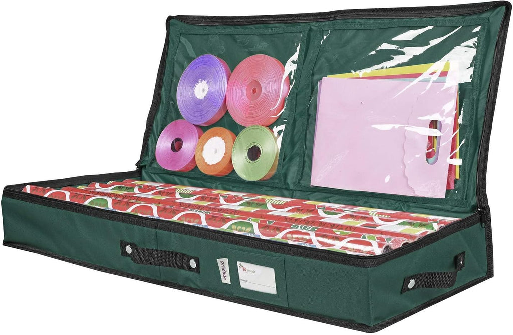 Wrapping Paper Storage Container | Under Bed Gift Wrap Organizer for 30 Inch Rolls | 31”x13.5”x4.5” | 600D Oxford Material | Box Holder with Pockets for Ribbon, Bows, and Accessories (Green)