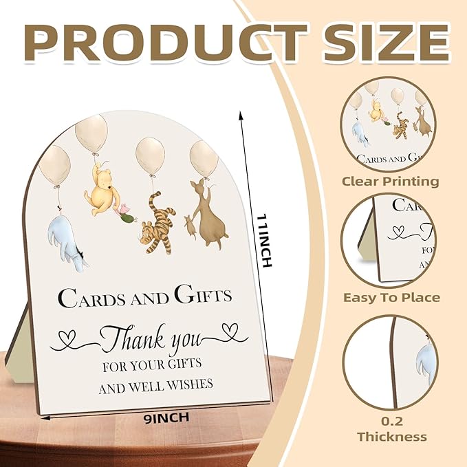 Winnie Cards and Gift Sign, Classic Pooh Thank You Wooden Sign, Classic Winnie Bridal Shower Baby Shower Favors, Thank You for Your Gift and Well Wishes Sign with Stand 9 * 11IN