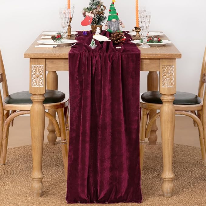 MLMC Burgundy Velvet Table Runner 10ft Elegant Luxury Wine Red Velvet Fall Table Runner 20x120 Inches Table Decor for Wedding Bridal Shower Home Party Halloween Chritmas Decor