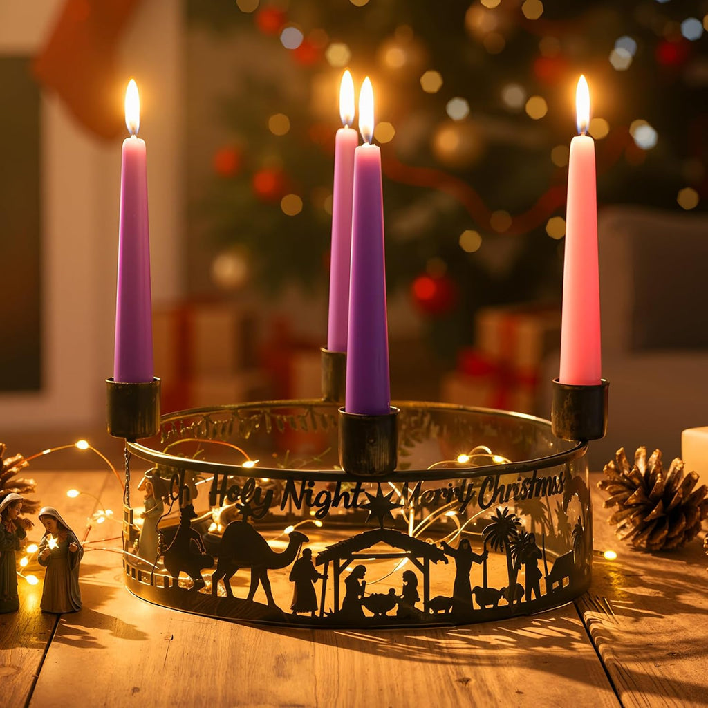 Blulu Advent Wreath Candle Holder Nativity Scene Ring Candle Holder Metal Jesus Nativity Set Christmas Centerpiece for Candlestick Rustic Advent Christmas Home Decorations Xmas Signs (Holy Night)