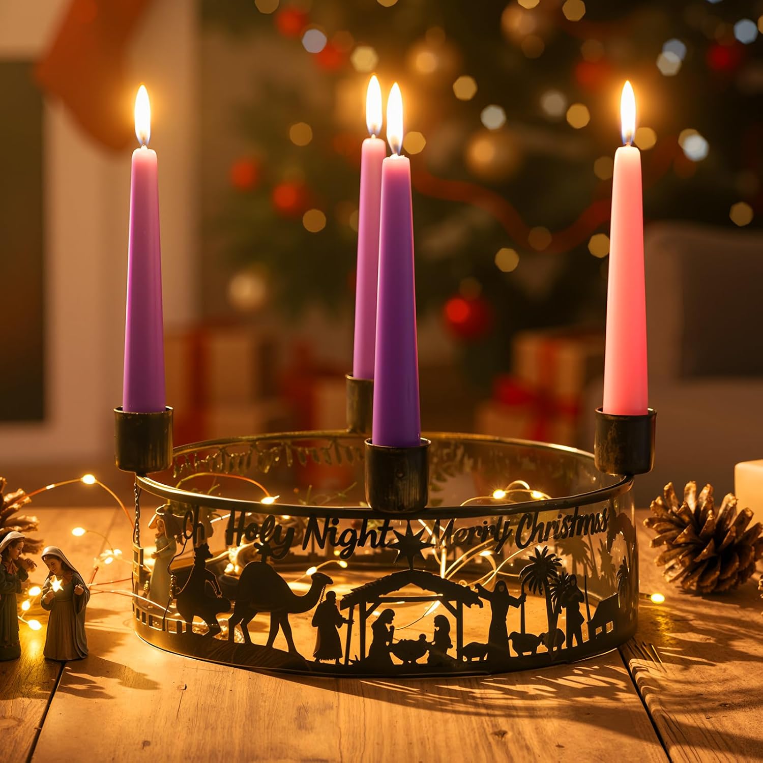 Blulu Advent Wreath Candle Holder Nativity Scene Ring Candle Holder Metal Jesus Nativity Set Christmas Centerpiece for Candlestick Rustic Advent Christmas Home Decorations Xmas Signs (Holy Night)