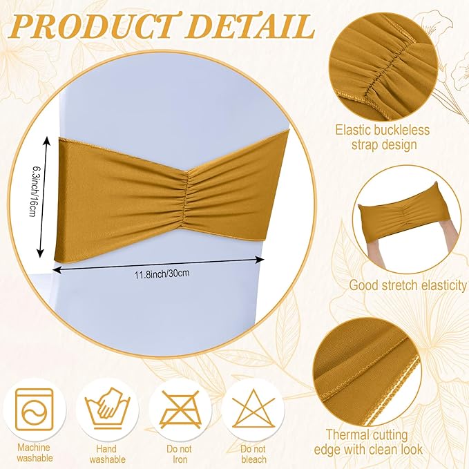 Moukeren 100 Pcs Spandex Chair Sashes Bows Bands Slider Sashes for Chair Covers Elastic Bands Ties Ribbon Decorations for Wedding Party Events Ceremony Birthday Banquet(Gold)