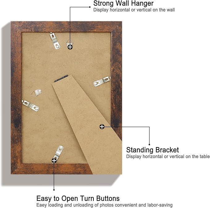 6x9 Picture Frame Set of 4, High Definition Real Glass Rustic Frame, 6 x 9 Wood Photo Frames for Tabletop Display and Wall Mounting