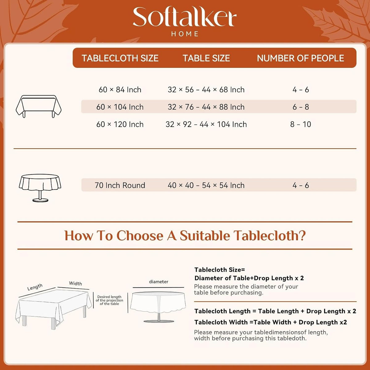 Softalker Long Fall Tablecloths 60x120 Inch Rectangular, Faux Linen Autumn Ta...