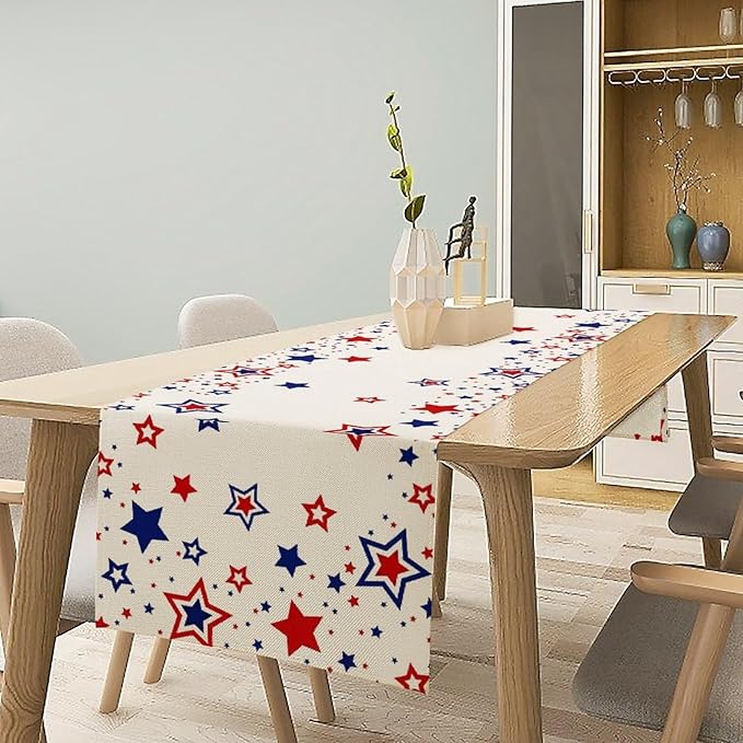 4th of July Table Runner, American Stars Patriotic Independence Day Table Runner for Indoor Outdoor Party Home Kitchen Dining Table Decor, Blue Red, 13x108inch