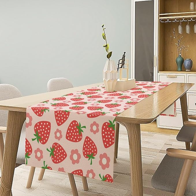 Strawberry Table Runner Spring Summer Fruit Pink Berry Forest Garden Dinner Runner for Girl Baby Shower Party Holiday Home Kitchen Dining Table Decor 13x60