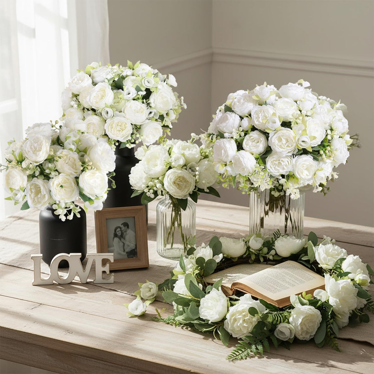 peonies artificial flowers 12 bouquets,white flowers lifelike silk, front angle view