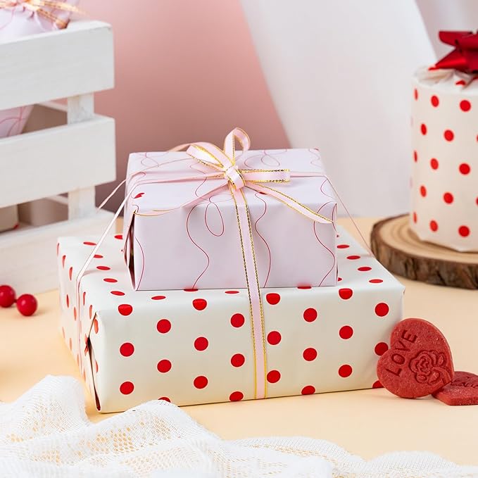 Flyhill Polka Dot Wrapping Paper,Reversible Pink Beige Elegant Heart & Bow Gift Wrap Suitable for Birthday,Girls,Baby Shower,Wedding (17 Inch X 32.8 Feet)