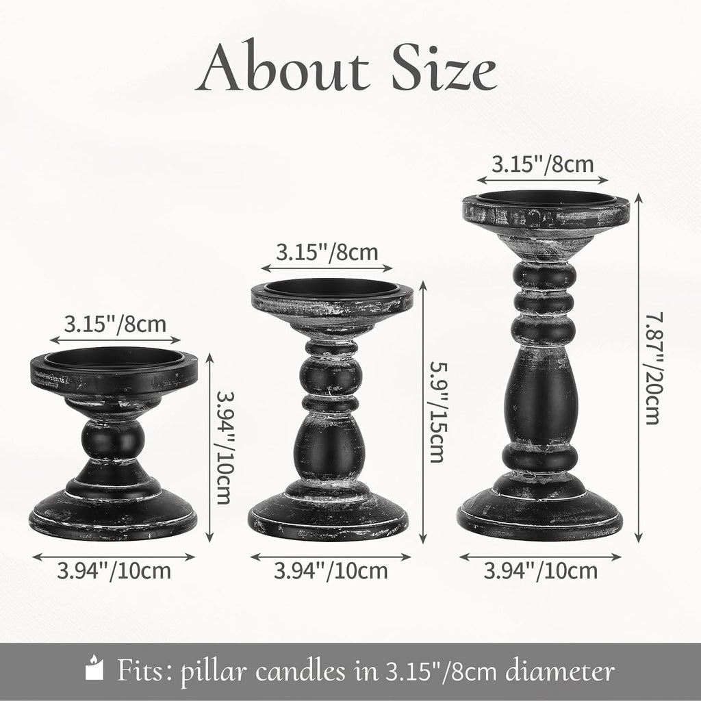 Wood Pillar Candle Holder: 3Pcs Rustic Black Candle Holders for Pillar Candles Wood Candle Holders Distressed Wooden Farmhouse Candle Holder Large Rustic Candle Holder for Fireplace Table
