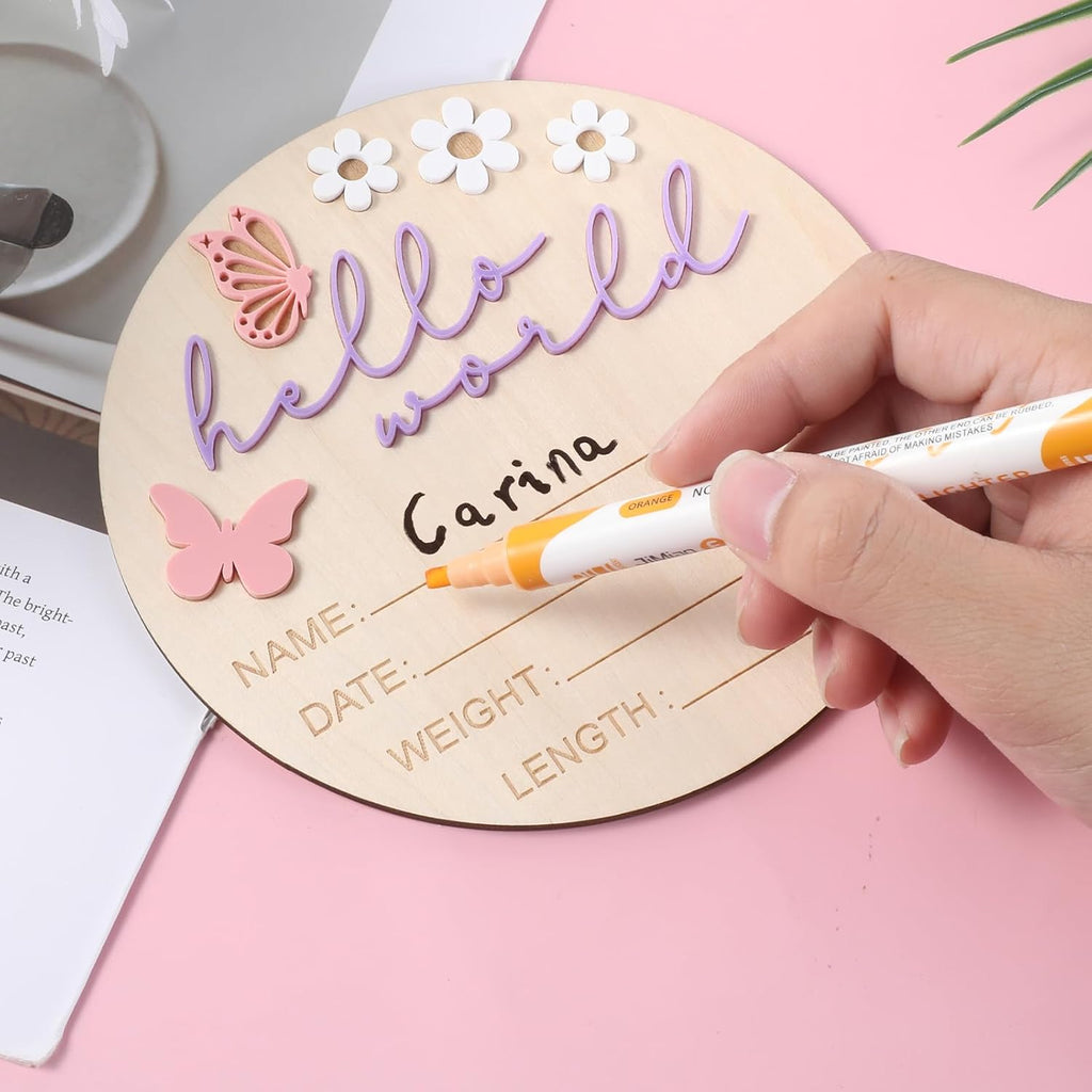 Hello World Newborn Sign, 5.9 Inch Wooden Baby Announcement Sign Pink Butterfly Style Birth Welcome Board for Newborn Boys Girls Photo Props Baby Shower Hospital Nursery (Purple)