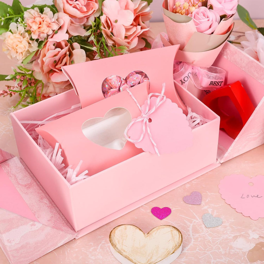 JarThenaAMCS 50Pcs Valentine' s Day Treat Boxes with Gift Tag Cotton Rope Paper Gift Container Pink Pillow Box with Heart Shaped PVC Window for Wedding Party Birthday Sweets Chocolate