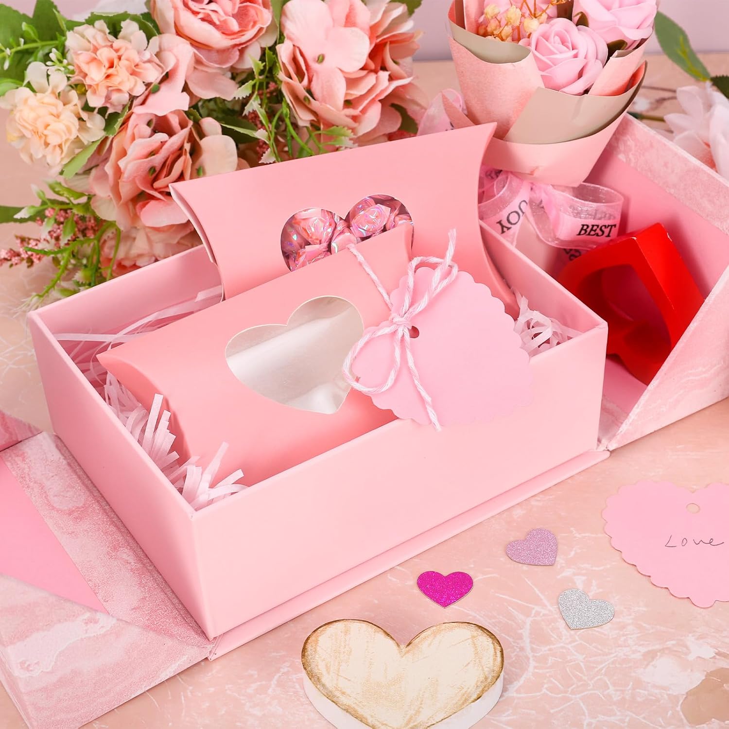 JarThenaAMCS 50Pcs Valentine' s Day Treat Boxes with Gift Tag Cotton Rope Paper Gift Container Pink Pillow Box with Heart Shaped PVC Window for Wedding Party Birthday Sweets Chocolate