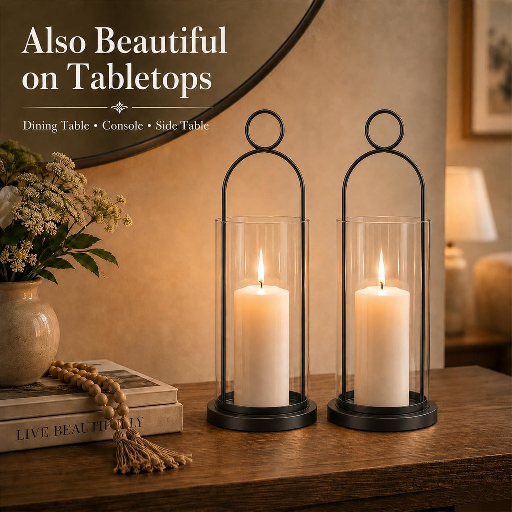 Black Wall Sconces Set of 2, Wall Candle Holder with Hurricane Glass | For Pillar Candles, Farmhouse Wall Decor, Modern Metal, For Living Room, Fireplace, Entryway