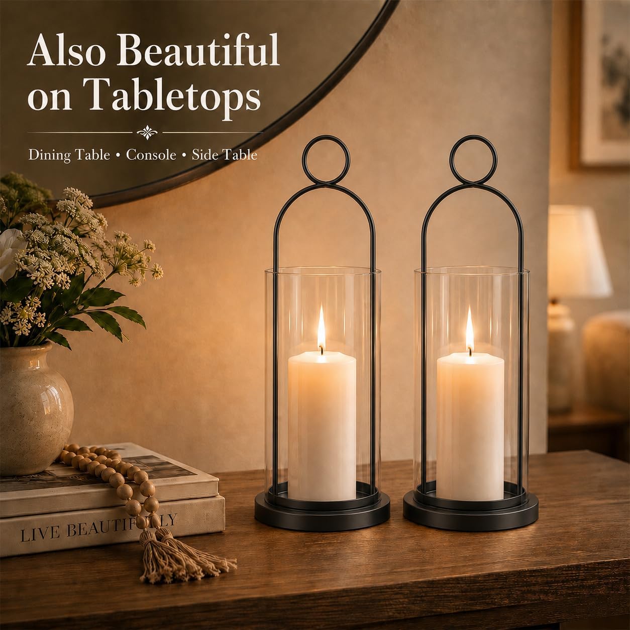 Black Wall Sconces Set of 2, Wall Candle Holder with Hurricane Glass | For Pillar Candles, Farmhouse Wall Decor, Modern Metal, For Living Room, Fireplace, Entryway