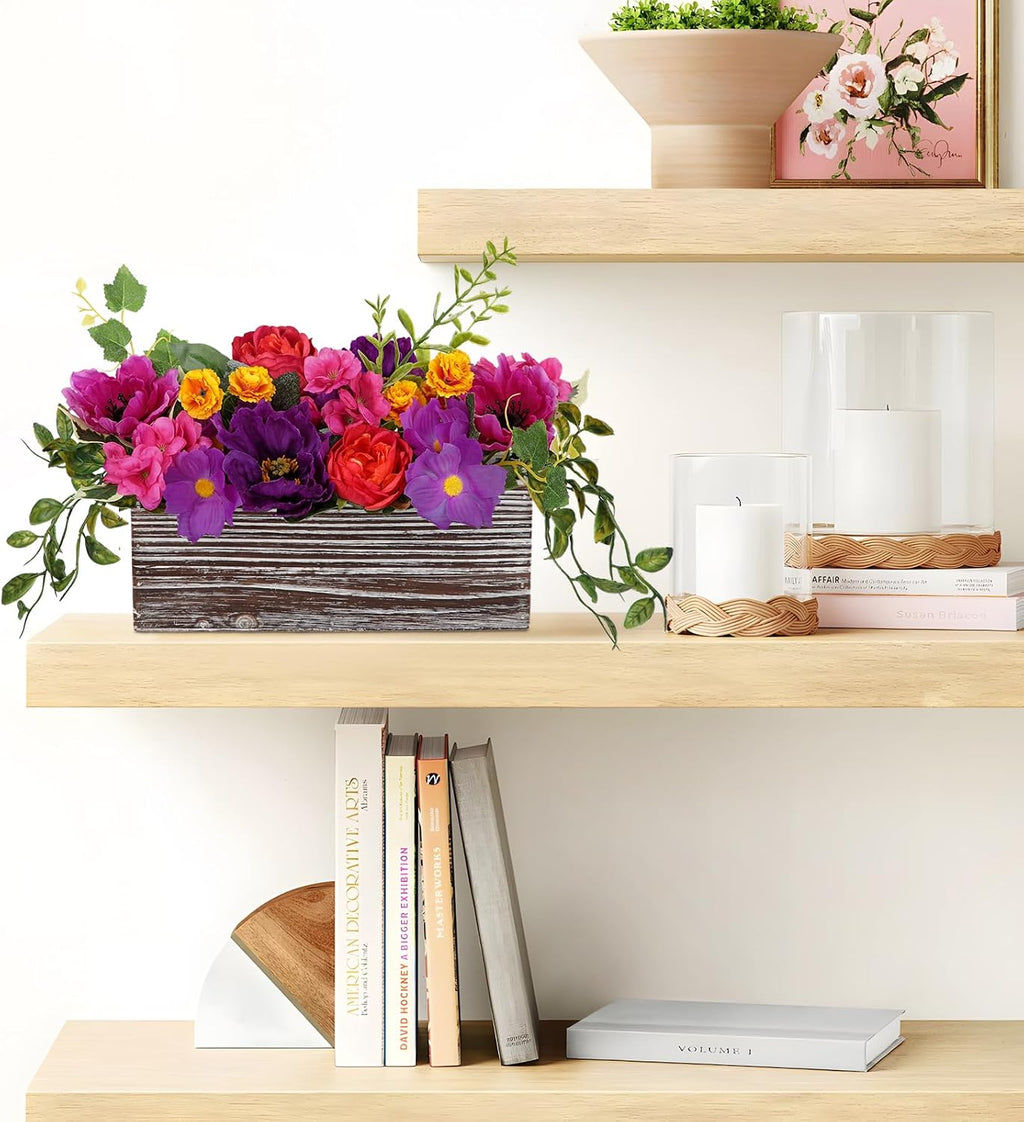 dilatata flower arrangement with wooden vase 10" artificial, side view