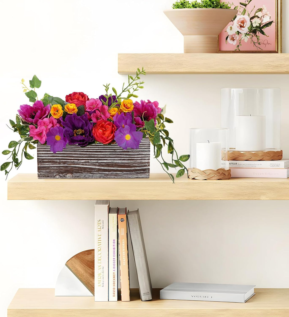 dilatata flower arrangement with wooden vase 10" artificial, side view