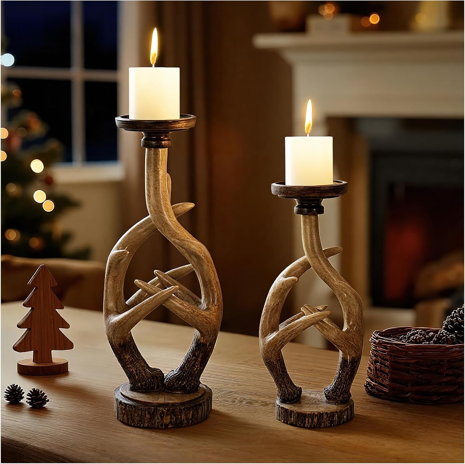 Scenekoy Vintage Antler Candle Holder Set of 2, Large & Medium Farmhouse Candlestick Holders for Table Centerpiece, Pillar Candle Stick Holders Resin Candle Stand for Home Decor Xmas Decorations