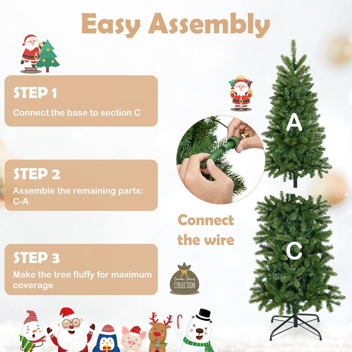 goplus 5ft pre-lit pencil christmas tree with 180 showing dimensions