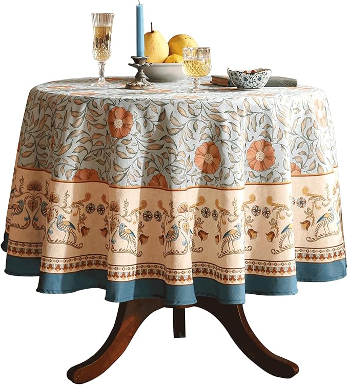 patdrea Designer French Linen Blue Round Table Cloth,Vintage Floral Tablecloth,Colorful Decoration Fall Table Cover Kitchen Dining for Tea Party,Thanksgiving,Christmas,Diameter 55"-Wensel