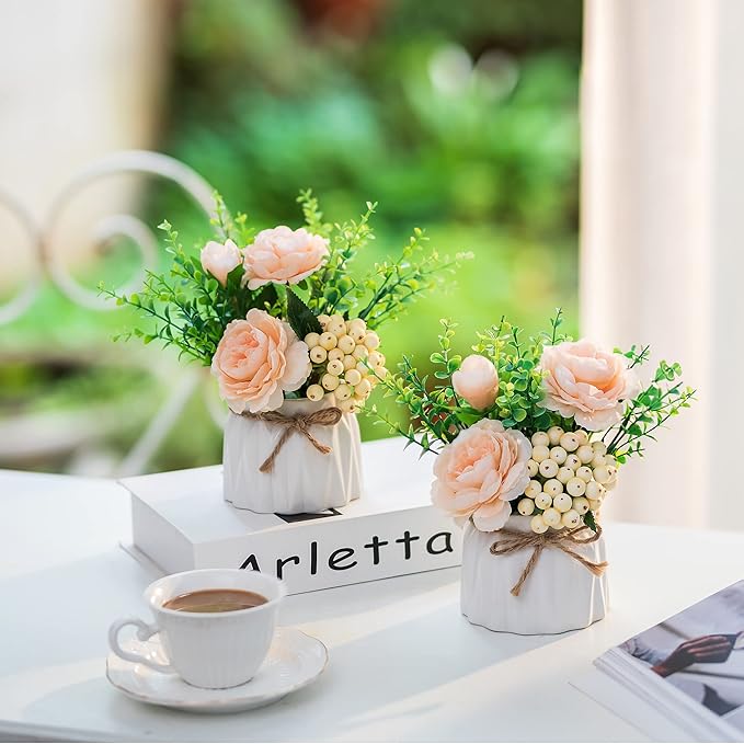 BLOSMON Table Decor Artificial Flowers Vase 7 Inch Small Fake Champagne Flower Arrangement 2pcs Floral Arrangement for Tables centerpieces Kitchen Dining Room Decorations Flower in Vase Silk Roses