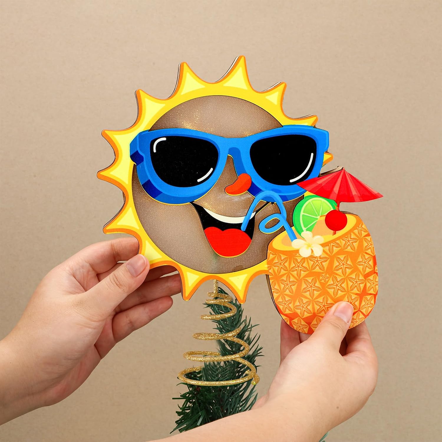 10 x 8 Inch Wood Summer Tree Topper with LED Light Christmas in July Summer Tree Top Ornaments for Luau Party Hawaiian Decorations Tabletop Display Supplies