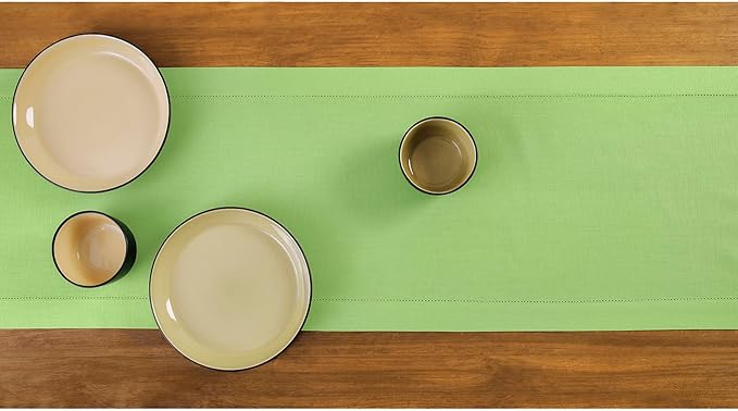Solino Home Cotton Linen Table Runner 120 Inches Long - Hemstitch Apple Green Dining Table Runner 14 x 120 Inch