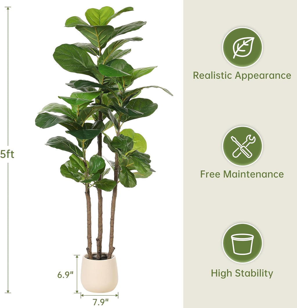 realead 5ft artificial fiddle leaf fig tree with showing dimensions