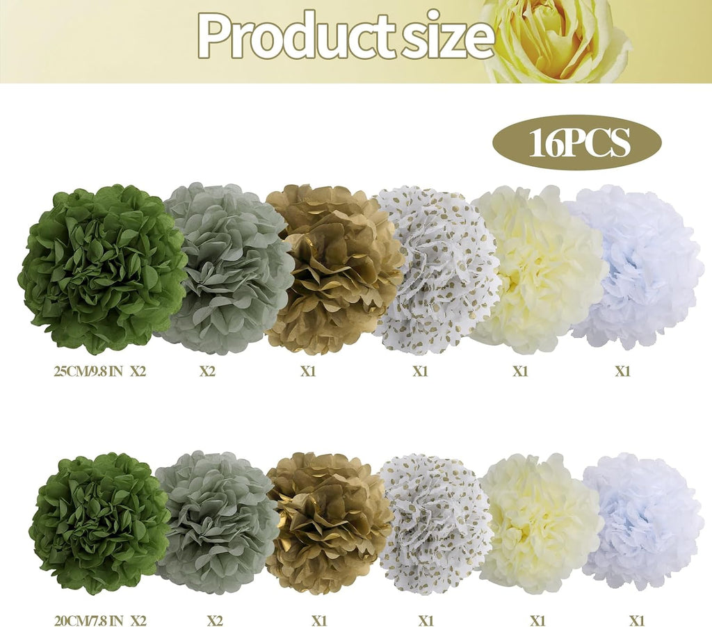 BestoFun 16 PCS Sage Green Party Decorations Tissue Paper Flowers Pom Poms Decorations for Girl Groovy Birthday Baby Shower Wedding Bachelorette Room Wall Hanging Décor