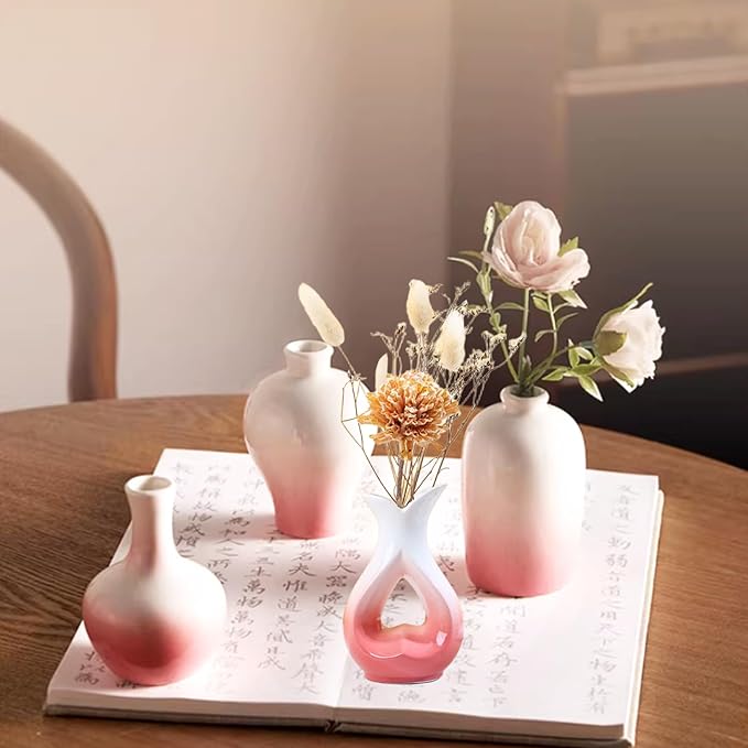 Small Ceramic Vases Decorative 4pcs Pink-White Modern Farmhouse Vase Pottery for Bouquet Pampas Grass Dried Fresh Flowers Kitchen, Bedroom, Bathroom, Entryway, Centerpieces Home Decor Jarrones para